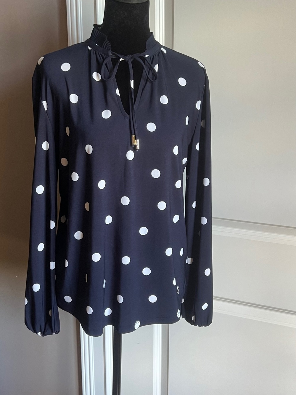 Anne Klein Navy and White Polka Dot Tie-Neck Blouse